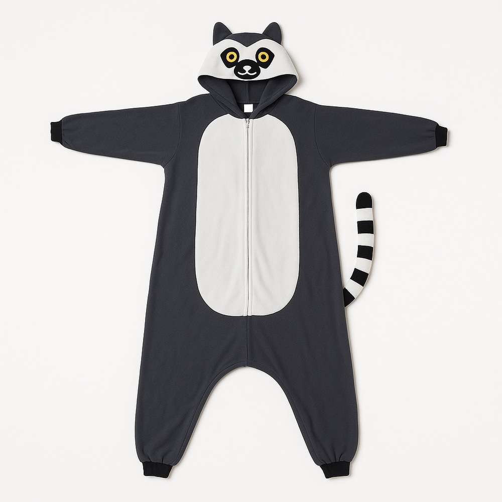 Adult Lemur Halloween Costume Gray & White Hooded Fleece Animal Suit M